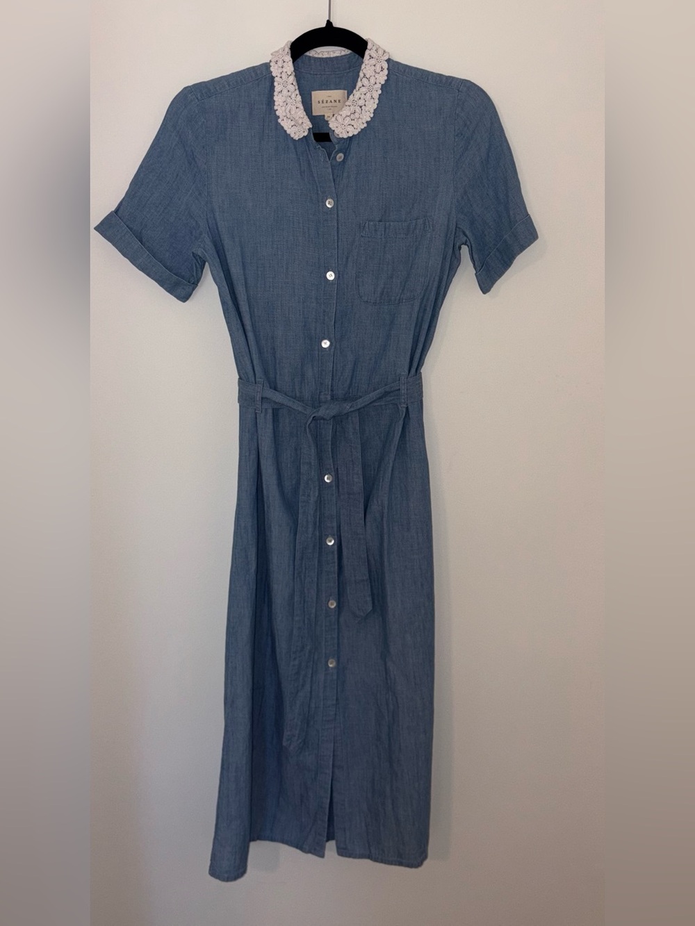 Sezane Alex Shirt Dress in Chambray with White Lace Collar FR34/US2 - Picture 3 of 6